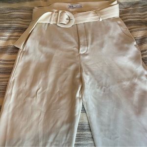 ZARA- cream Zara Wide Leg Pants with Adjustable Belt, Size M